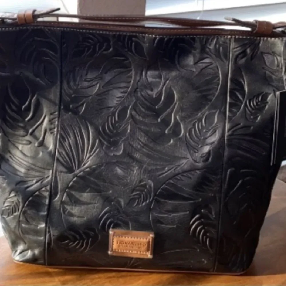 Tignanello Black Leather Brown Palm Leaf Embossed Hobo Purse Tote New No Tags